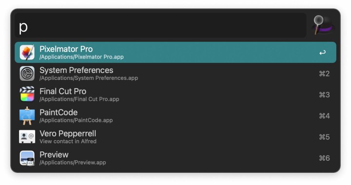 Resultados de pesquisa do aplicativo Alfred no Mac