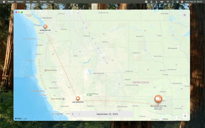 Visualização de mapa no aplicativo Parcel para Mac