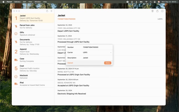 Adicionando uma nova entrega ao aplicativo Parcel para Mac