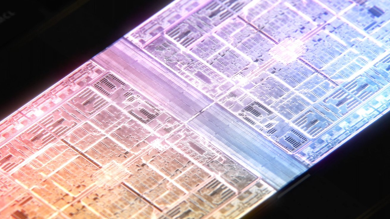 Close de um microchip brilhante com circuitos complexos em tons de rosa, roxo e azul, mostrando seus padrões eletrônicos detalhados.