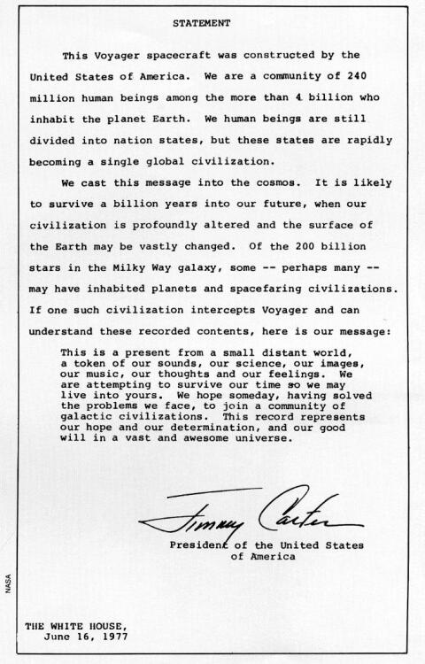 Uma digitalização de uma declaração digitada pelo presidente Jimmy Carter incluída na espaçonave Voyager da NASA