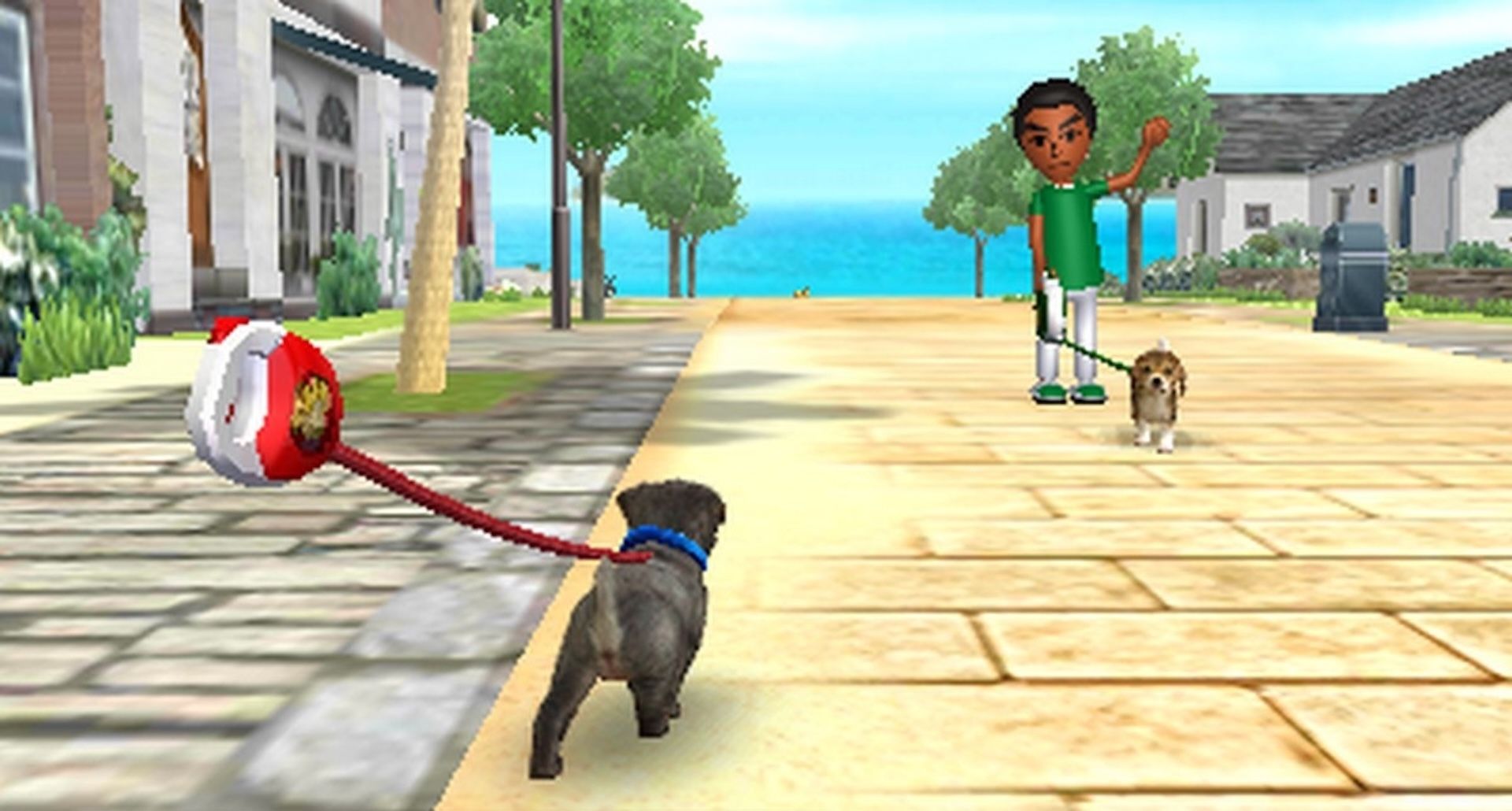 Duas pessoas passeando com seus cachorros em Nintendogs.