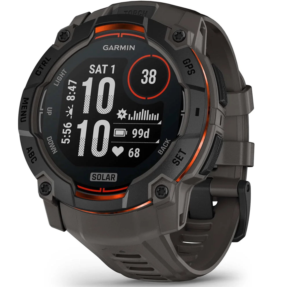 Uma renderização do Garmin Instinct 3 Solar preto de 50 mm com faixa de carvão.