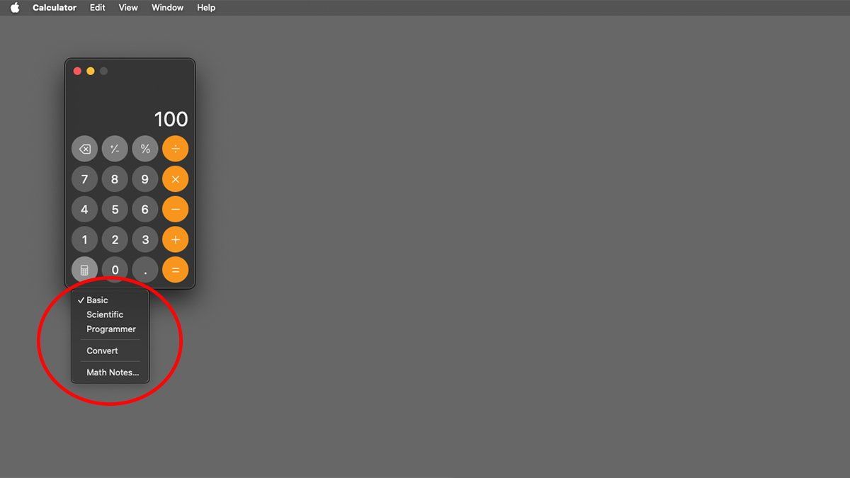 O menu pop-up de modos no aplicativo Calculadora do macOS Sequoia.