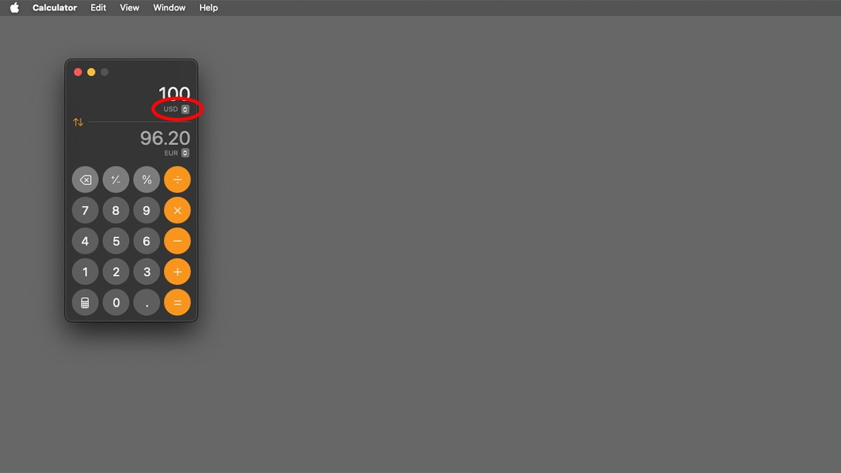 Modo de conversão de moeda da Calculadora do macOS Sequoia.