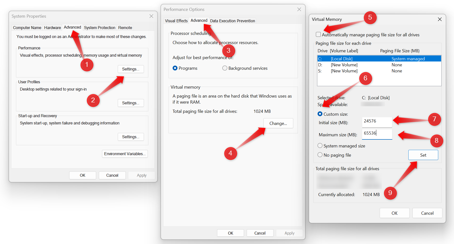 Alterando as configurações de memória virtual no Windows.