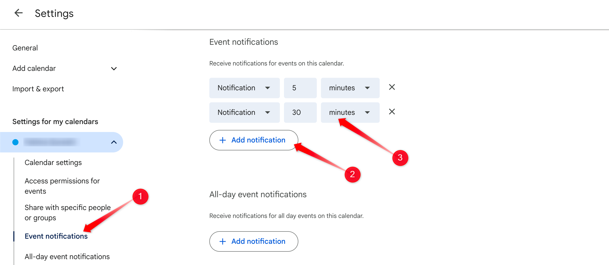 Ativando várias notificações de eventos no Google Agenda.