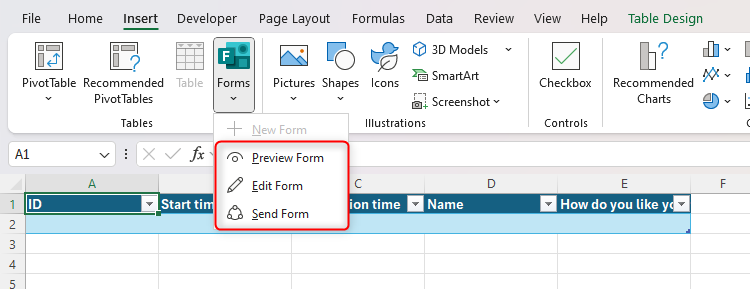 As opções Visualizar formulário, Editar formulário e Enviar formulário no menu suspenso Formulários do Excel são destacadas.