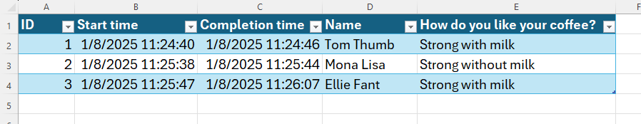 Respostas a um formulário do Microsoft Form em uma planilha do Excel para desktop.