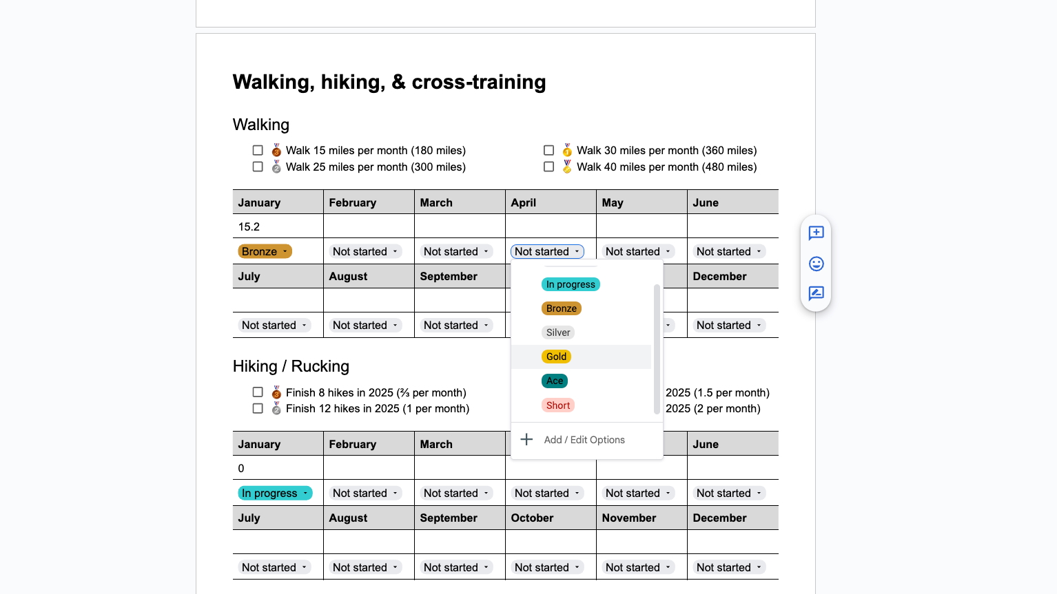 Um arquivo de documento do Google mostrando minhas metas para terminar um certo número de caminhadas e quilômetros percorridos por ano, com benchmarks de bronze, prata, ouro e ás para qualquer mês.