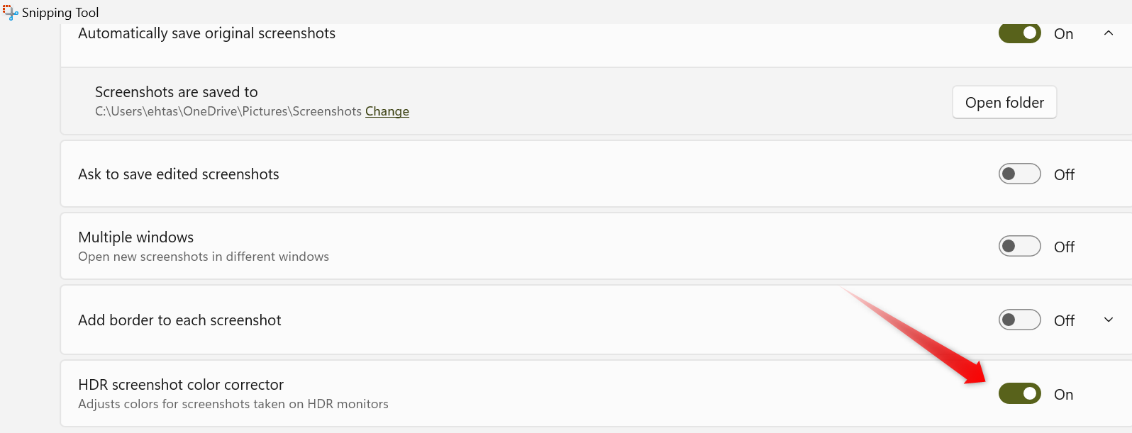 Ativando o Corretor de cores de captura de tela HDR nas configurações do aplicativo Ferramenta de recorte no Windows.