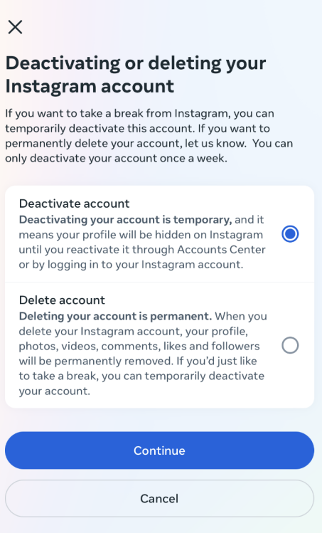 Instagram excluir ou desativar uma conta