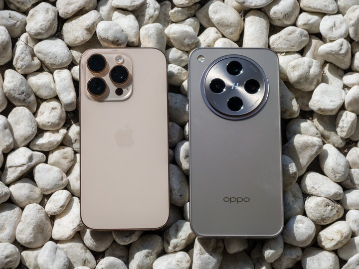 iPhone 16 Pro ao lado do OPPO Encontre X8 Pro em uma cama de seixos