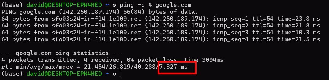 Desvio padrão do ping do google.com destacado em uma caixa vermelha.