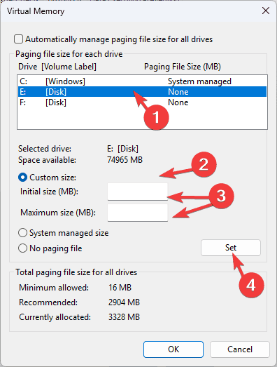 Arquivo de paginação personalizado - ERROR_PAGEFILE_QUOTA_EXCEEDED