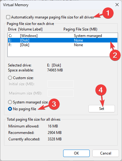 Nenhum arquivo de paginação ERROR_PAGEFILE_QUOTA_EXCEEDED