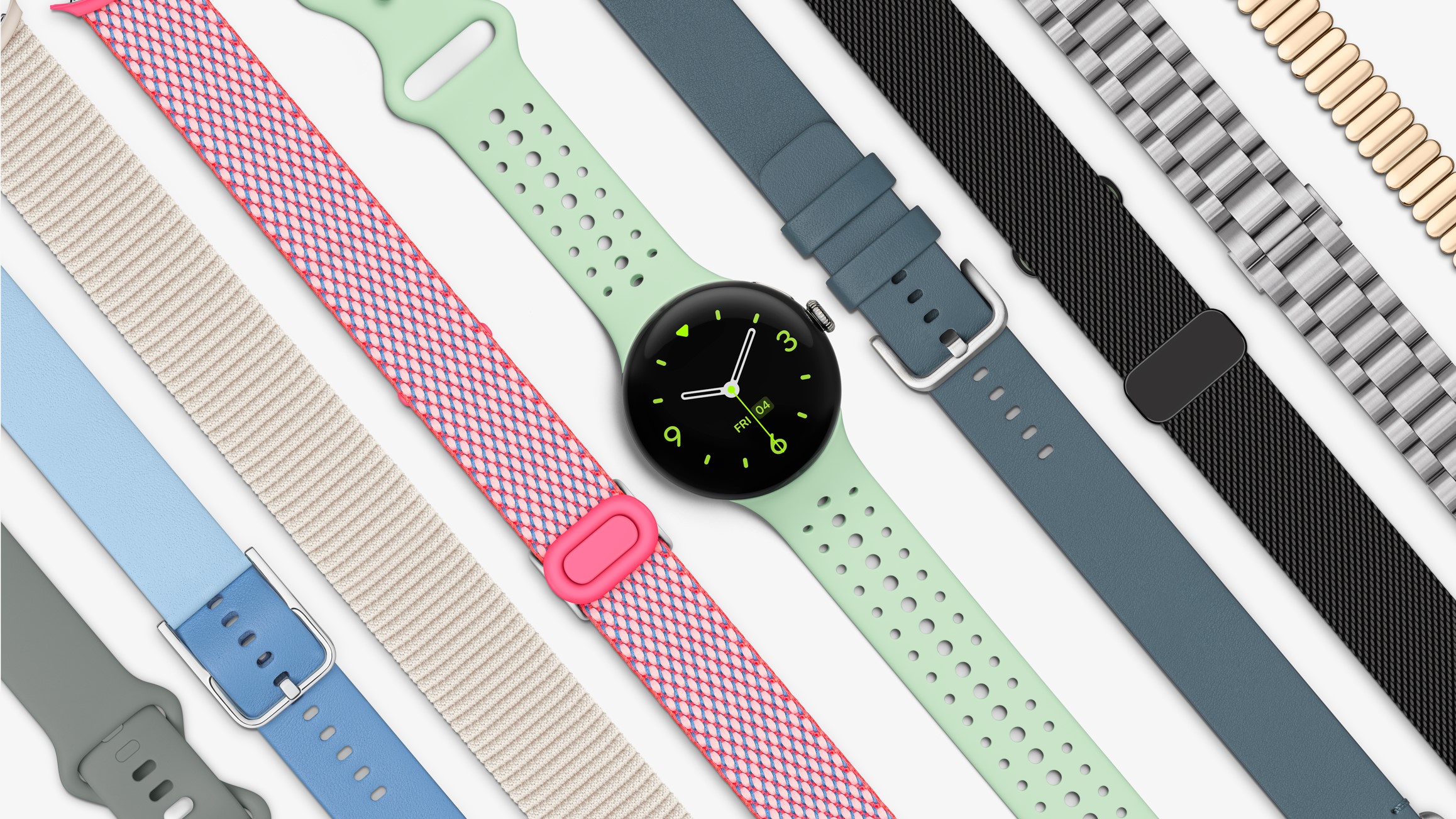 Uma foto de imprensa das bandas oficiais do Google Pixel Watch 3