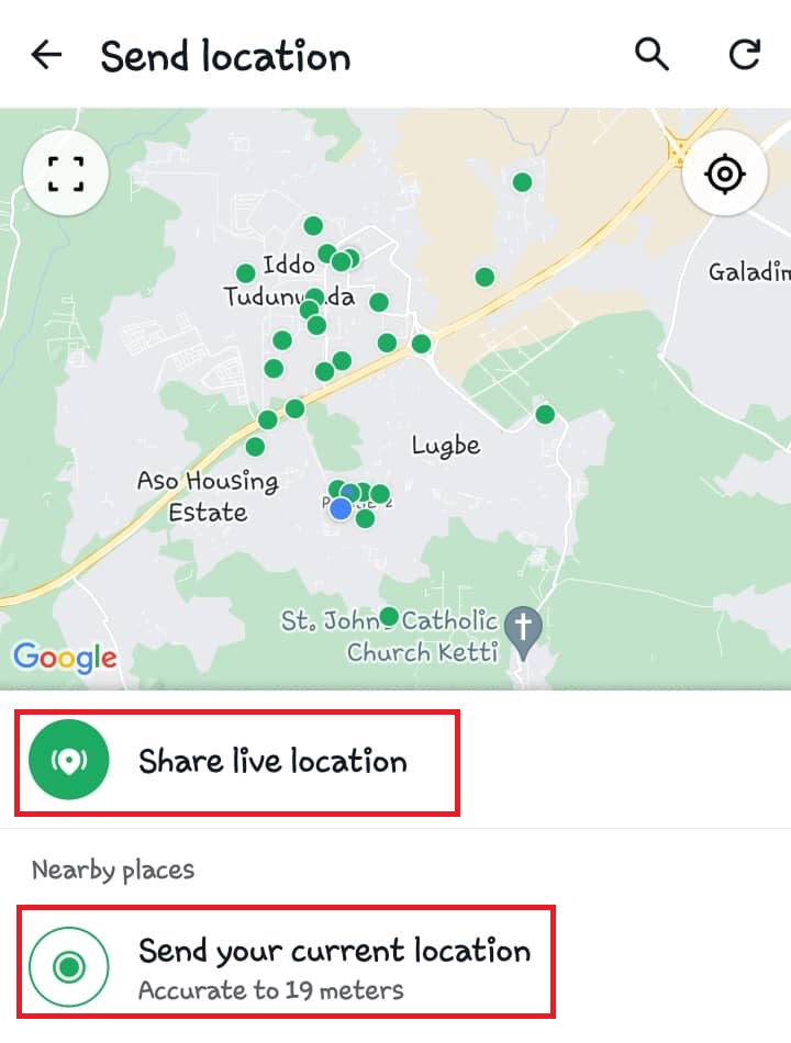 Screenshot of the location being shared