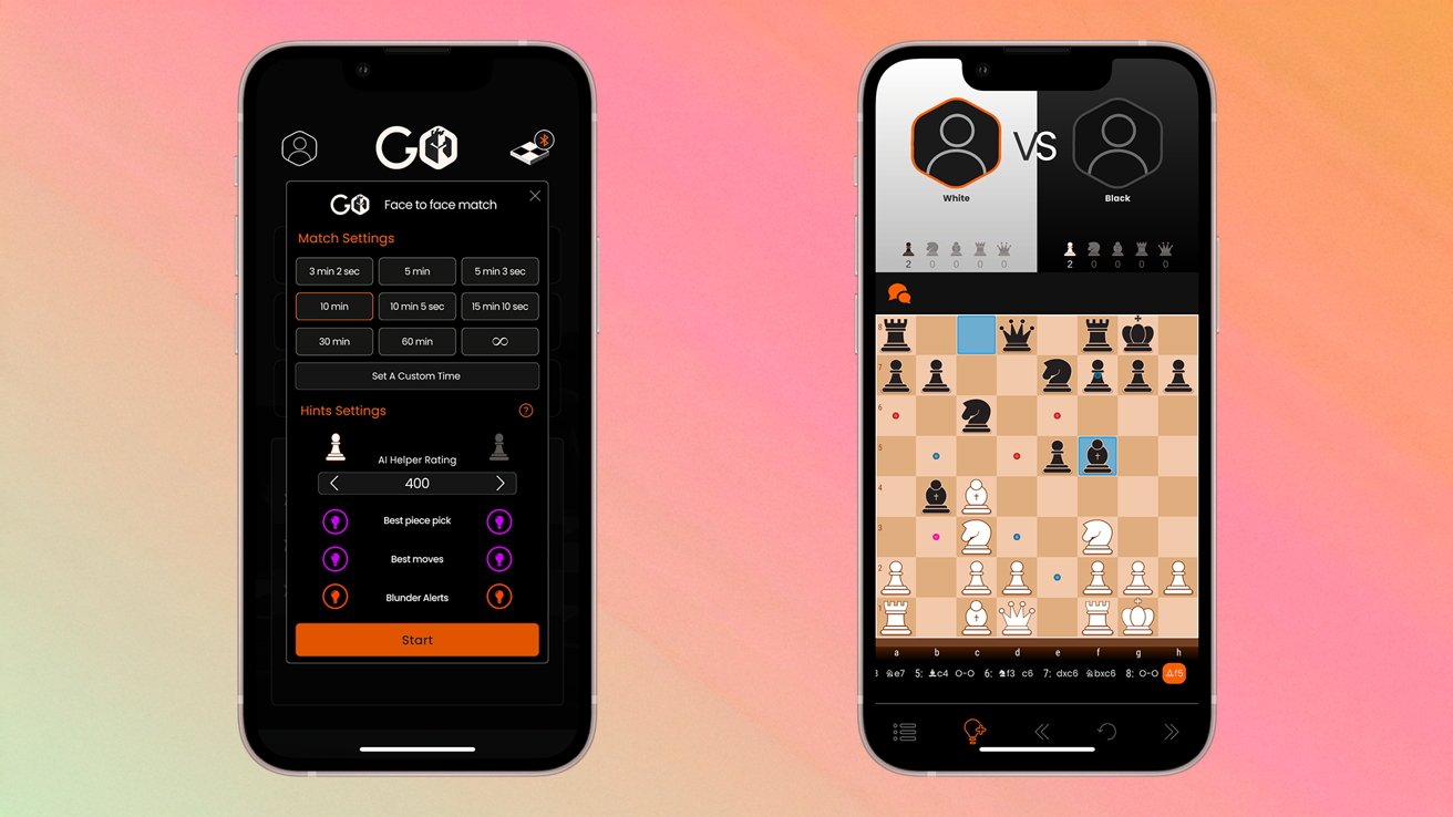 Dois smartphones exibem um aplicativo de xadrez; a esquerda mostra as configurações da partida e a direita mostra um jogo em andamento em um tabuleiro de xadrez.