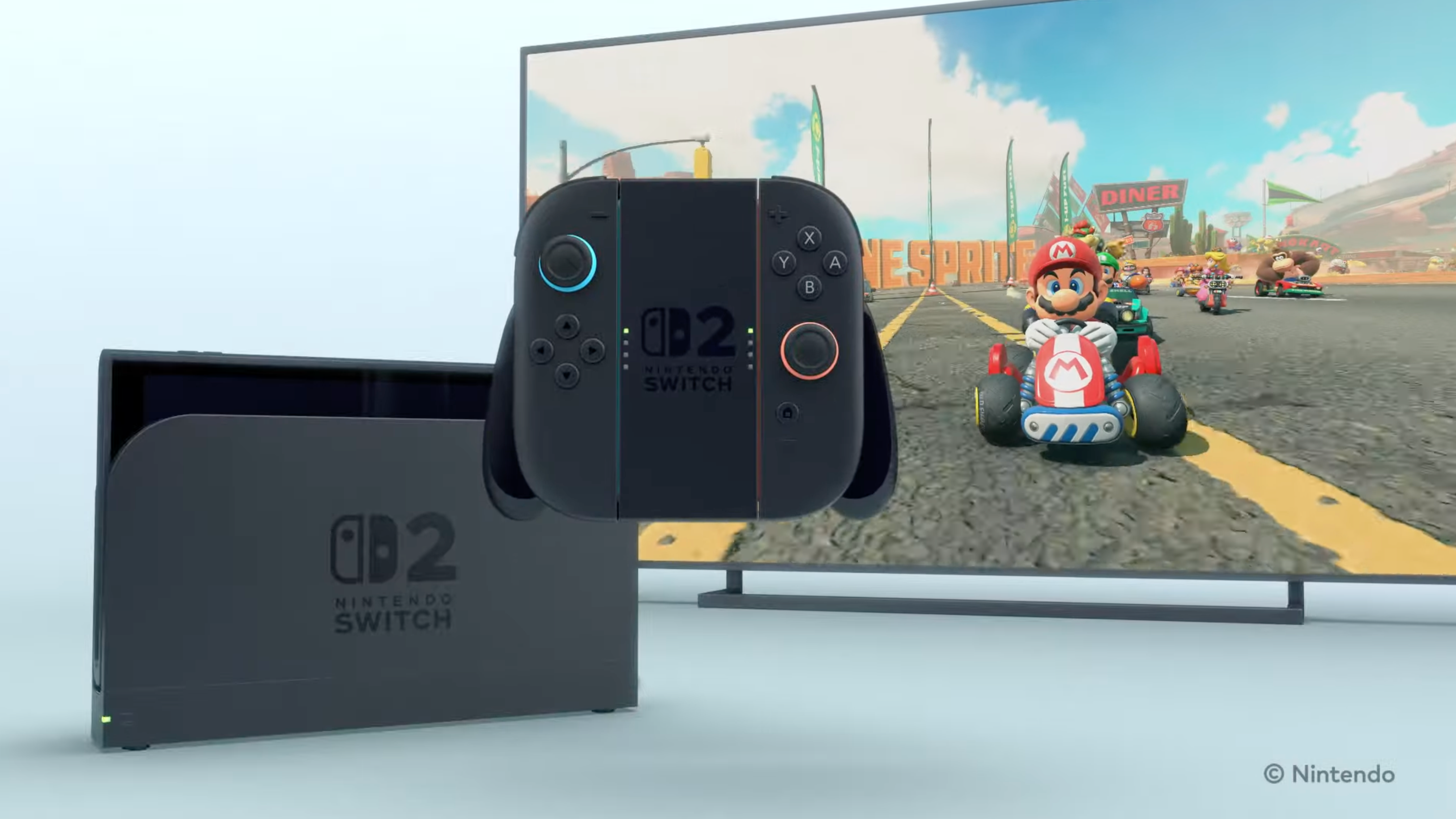 Nintendo Switch 2 encaixado jogando Mario Kart.