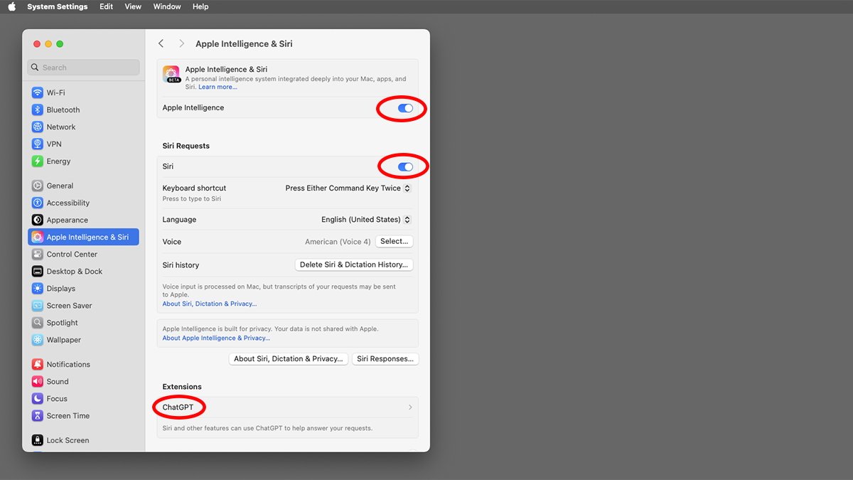 Use os controles deslizantes nas configurações do sistema para ativar ou desativar o Apple Intelligence e o Siri.