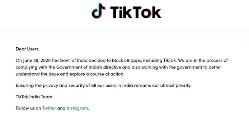 Mensagem de proibição do TikTok que aparece ao acessar o TikTok na Índia.