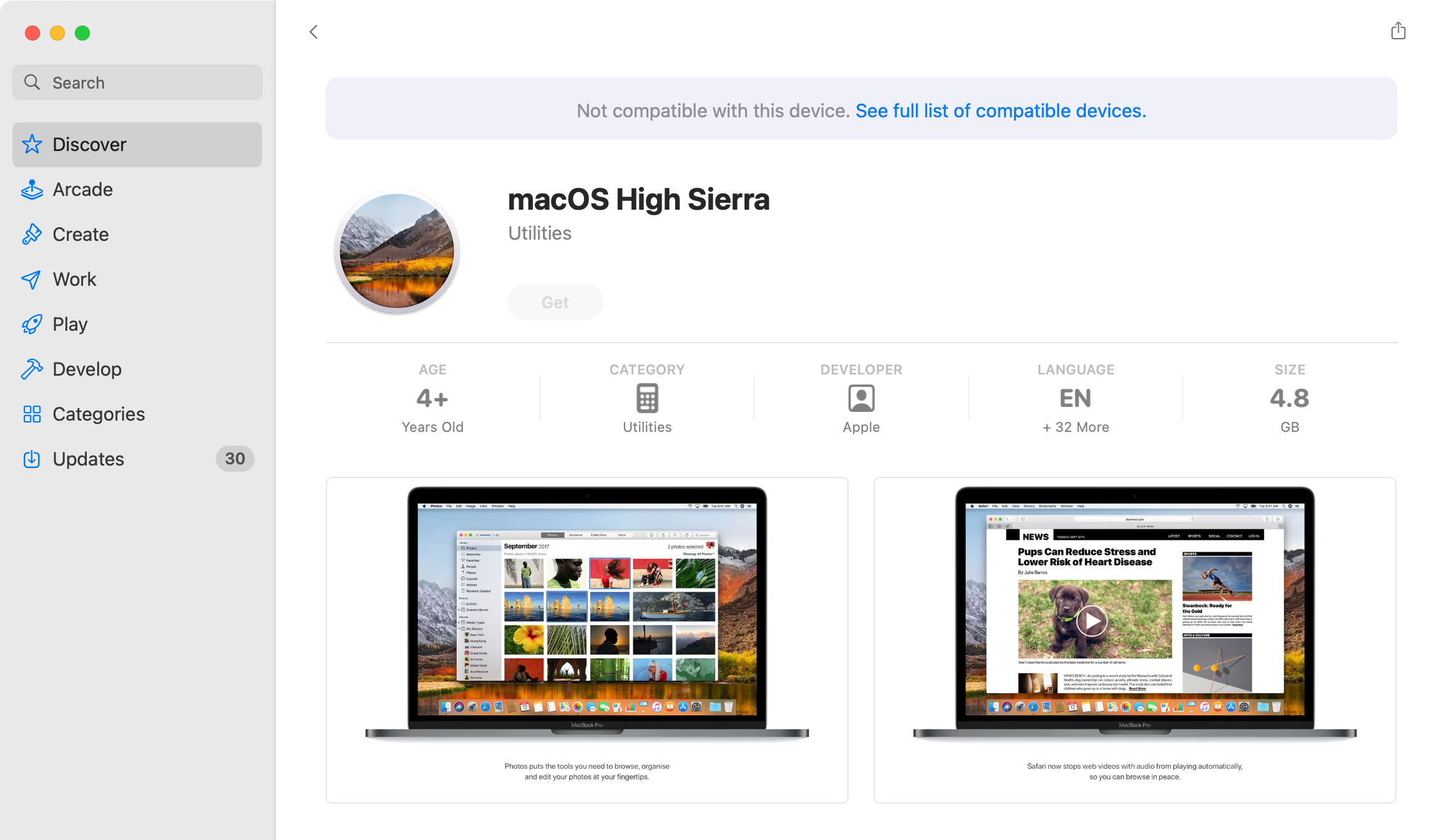 Link da Mac App Store para macOS High Sierra.