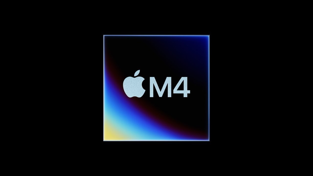 Logotipo da Apple com texto M4 em um fundo gradiente escuro com tons de azul, roxo e amarelo.