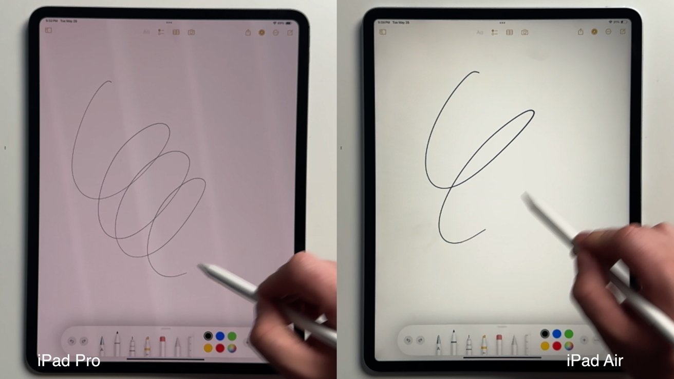 Comparação lado a lado do iPad Pro e do iPad Air, cada um exibindo diferentes traços de caneta desenhados em suas telas.