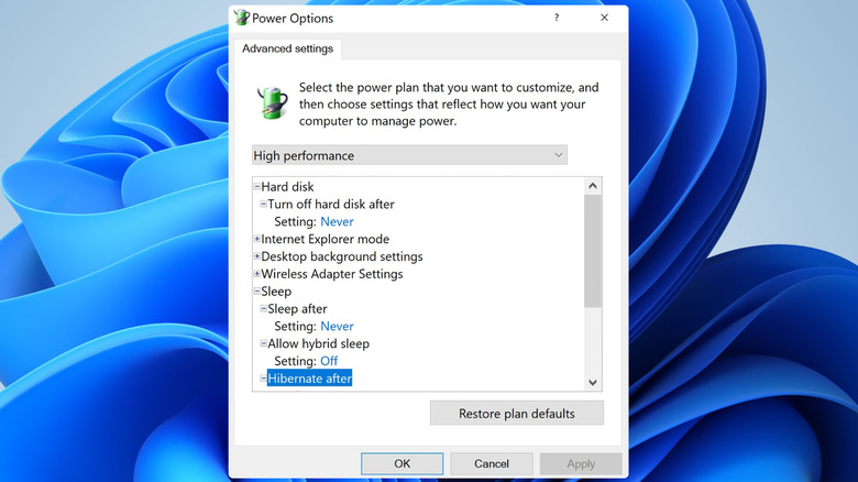 Janela Opções de energia no Windows 11