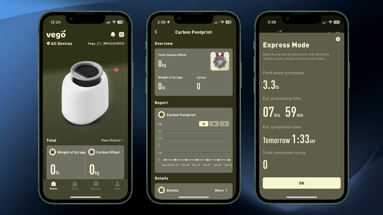 Three smartphone screens display an app interface with data on waste processing, carbon footprint, and express mode details. The first screen shows a kitchen appliance.