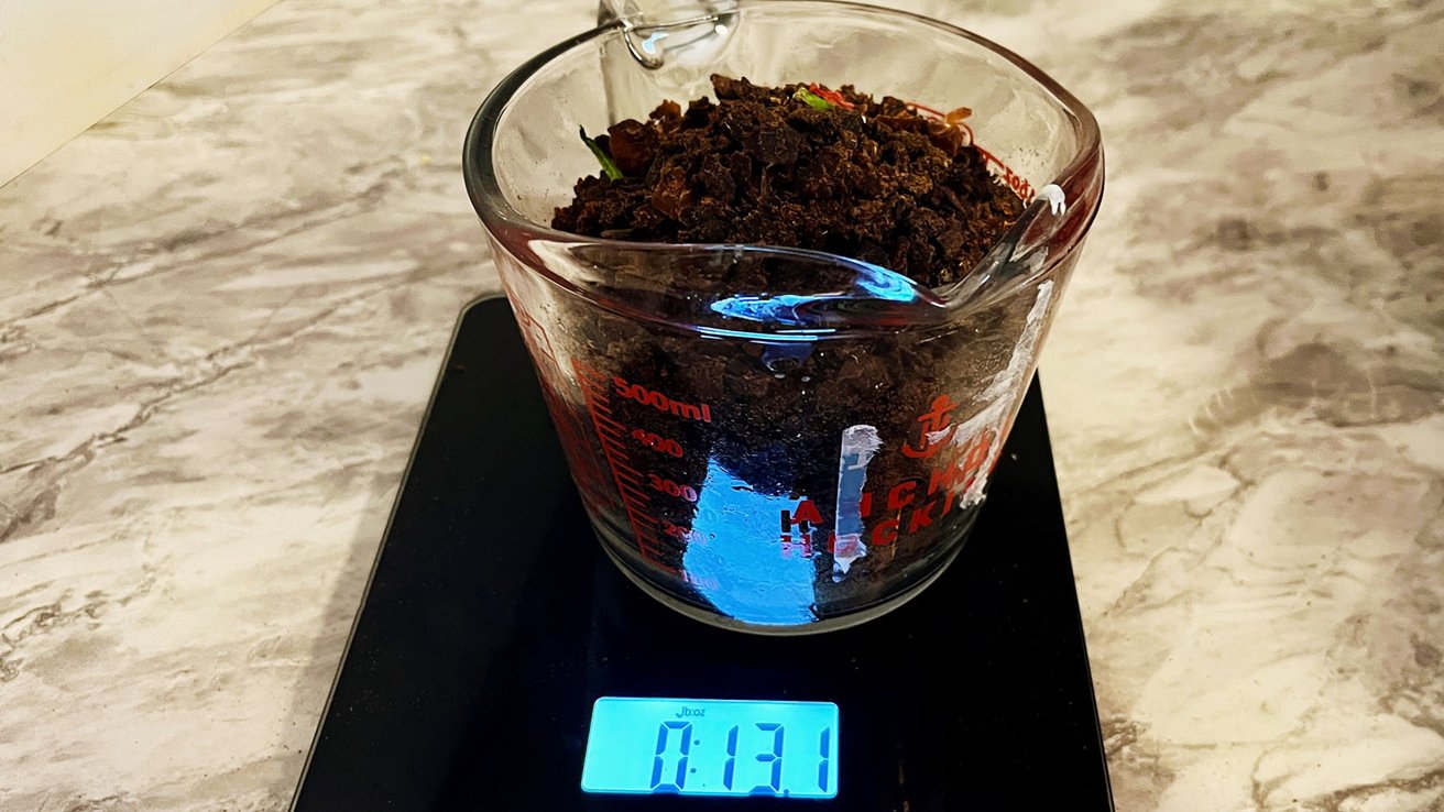 A glass measuring cup filled with brown organic matter on a digital kitchen scale displaying 13.1 ounces.