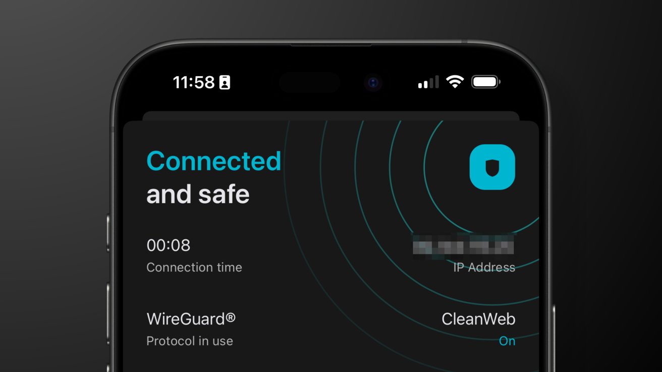 Tela do smartphone mostrando o status da VPN: conectada e segura, com tempo de conexão, protocolo WireGuard, endereço IP borrado e CleanWeb ativado.