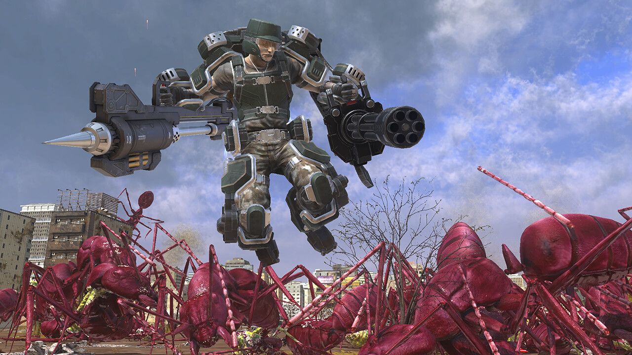 Um soldado lutando contra um exército de formigas gigantes em Earth Defense Force 6.