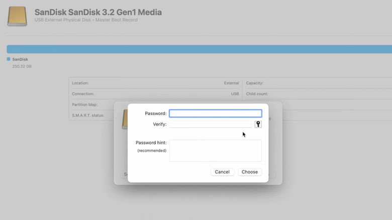 Caixa de diálogo de senha para criptografia de unidade no Mac