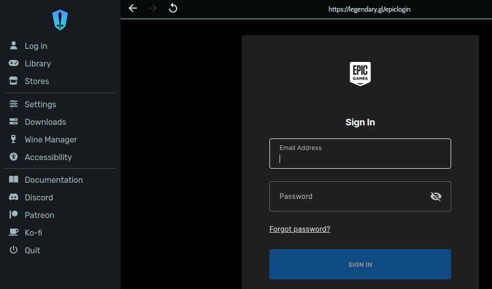 Página inicial do inicializador heróico com tela de login da Epic Games.