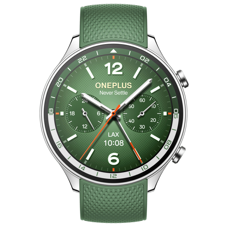 Vista frontal renderizada do Forest Green OnePlus Watch 2R