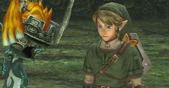 Link e Midna em um campo vazio.