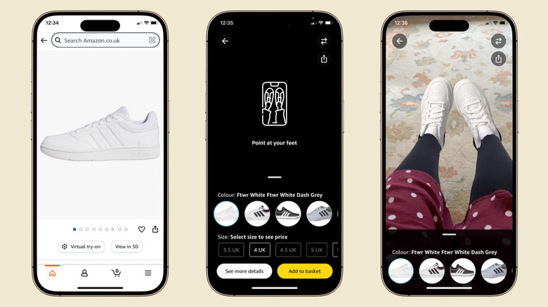 Três capturas de tela do aplicativo iOS da Amazon mostrando uma prova virtual. A primeira captura de tela mostra um tênis e o botão de teste virtual. A segunda mostra a instrução do app para apontar a câmera do celular para seus pés, e a terceira mostra a imagem dos meus pés calçando o tênis.