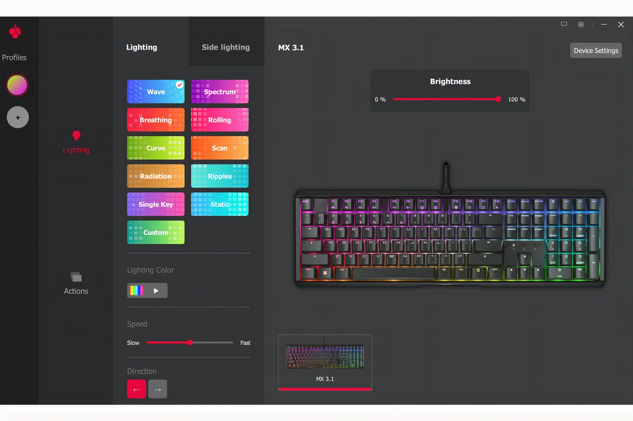 Captura de tela do software Cherry Utility - ferramenta de iluminação