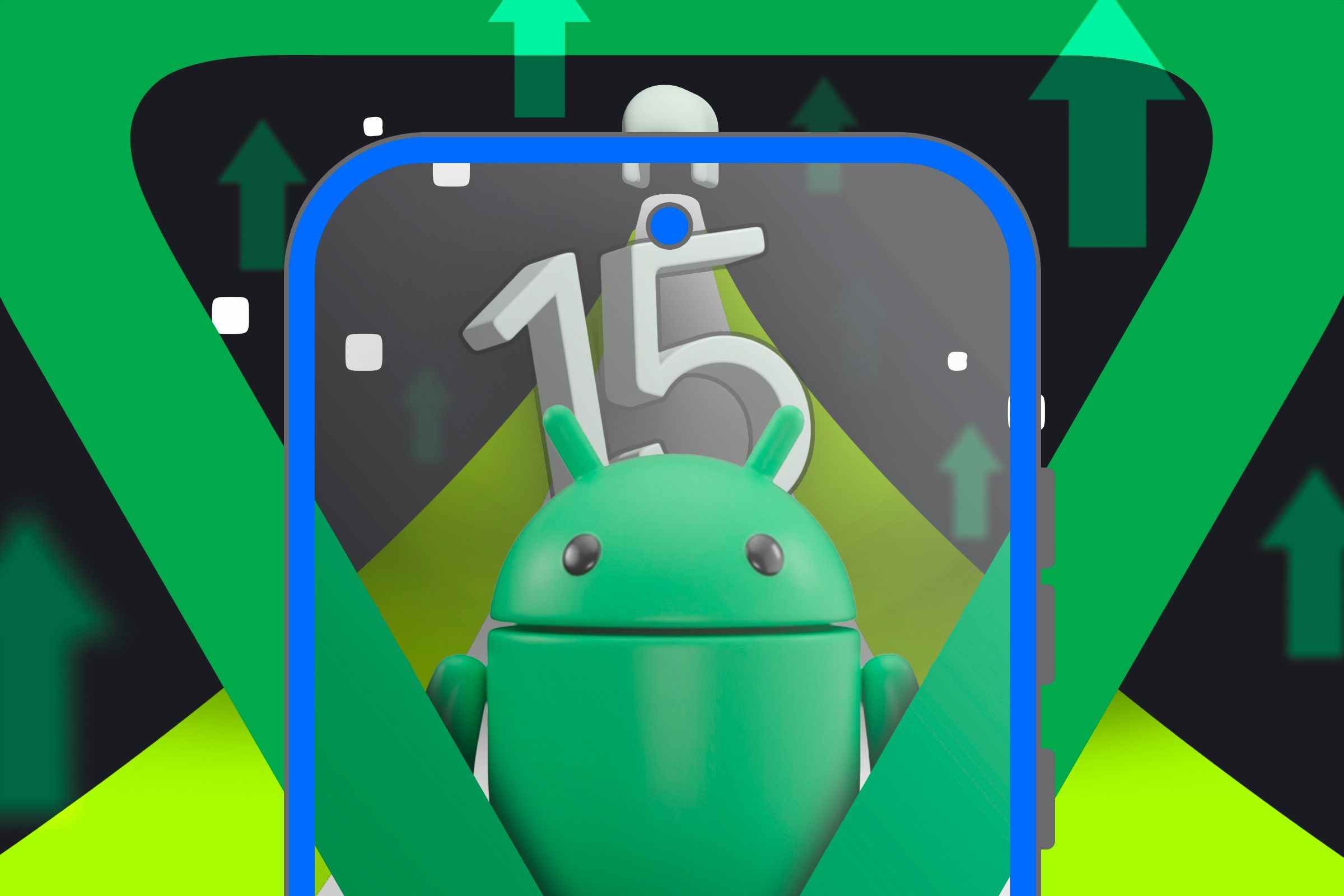 Logotipo do Android 15 com ilustração de um smartphone apresentando o Bugdroid.