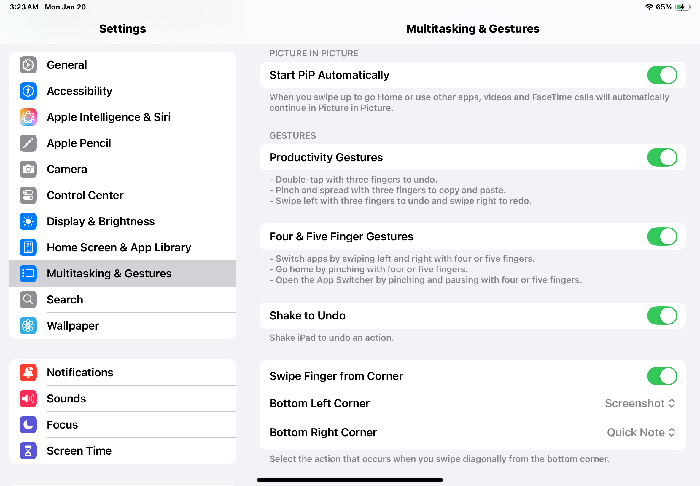 Aplicativo de configurações do iPad mostrando a seção Multitarefa e gestos mostrando opções de gestos com os dedos.