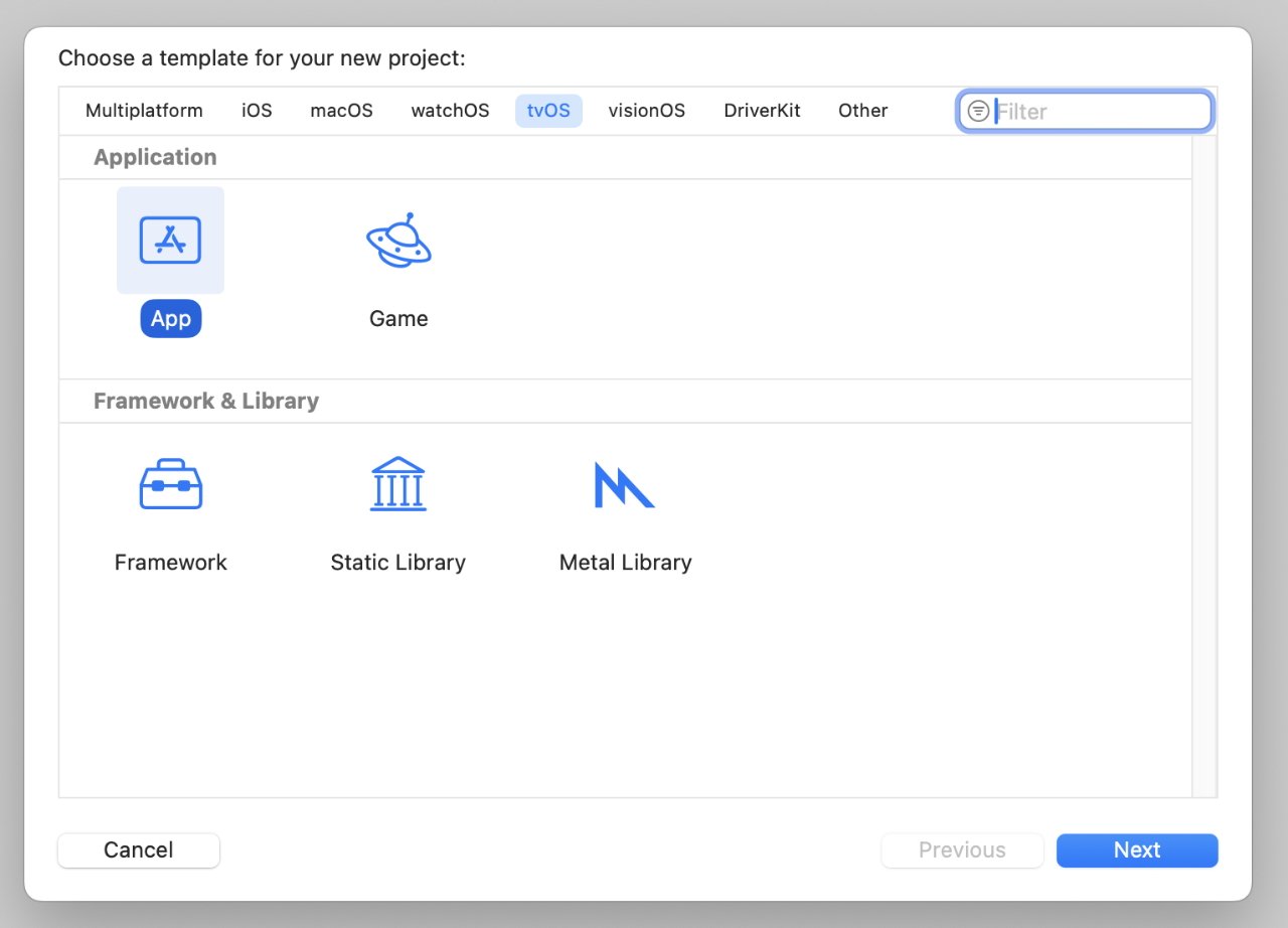Janela de seleção de modelo de projeto com opções para App, Jogo, Framework, Biblioteca Estática e Biblioteca Metal na categoria tvOS. Botões de navegação para Anterior, Próximo e Cancelar.