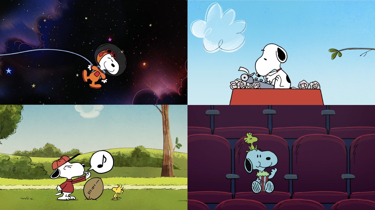 Snoopy em quatro cenas: flutuando no espaço, digitando em uma máquina de escrever, jogando futebol com Woodstock e sentado em um teatro com pipoca.