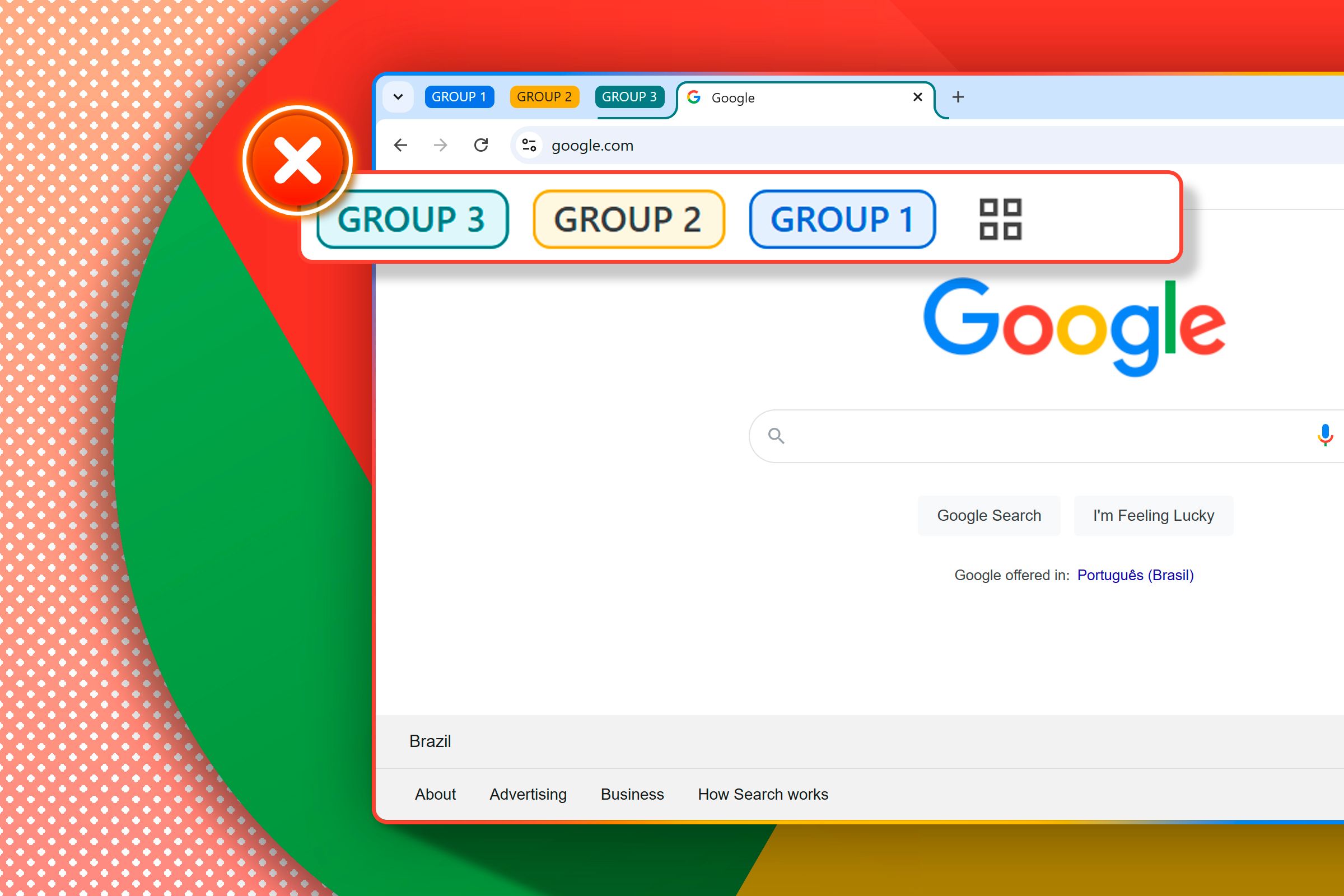 Janela do Google Chrome com o botão de guias de grupo destacado e um 'x'.