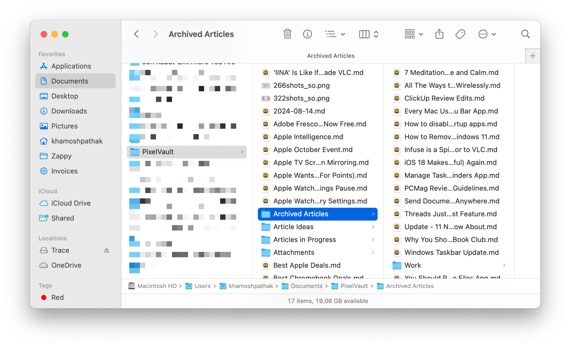 Visualização de coluna no Finder.