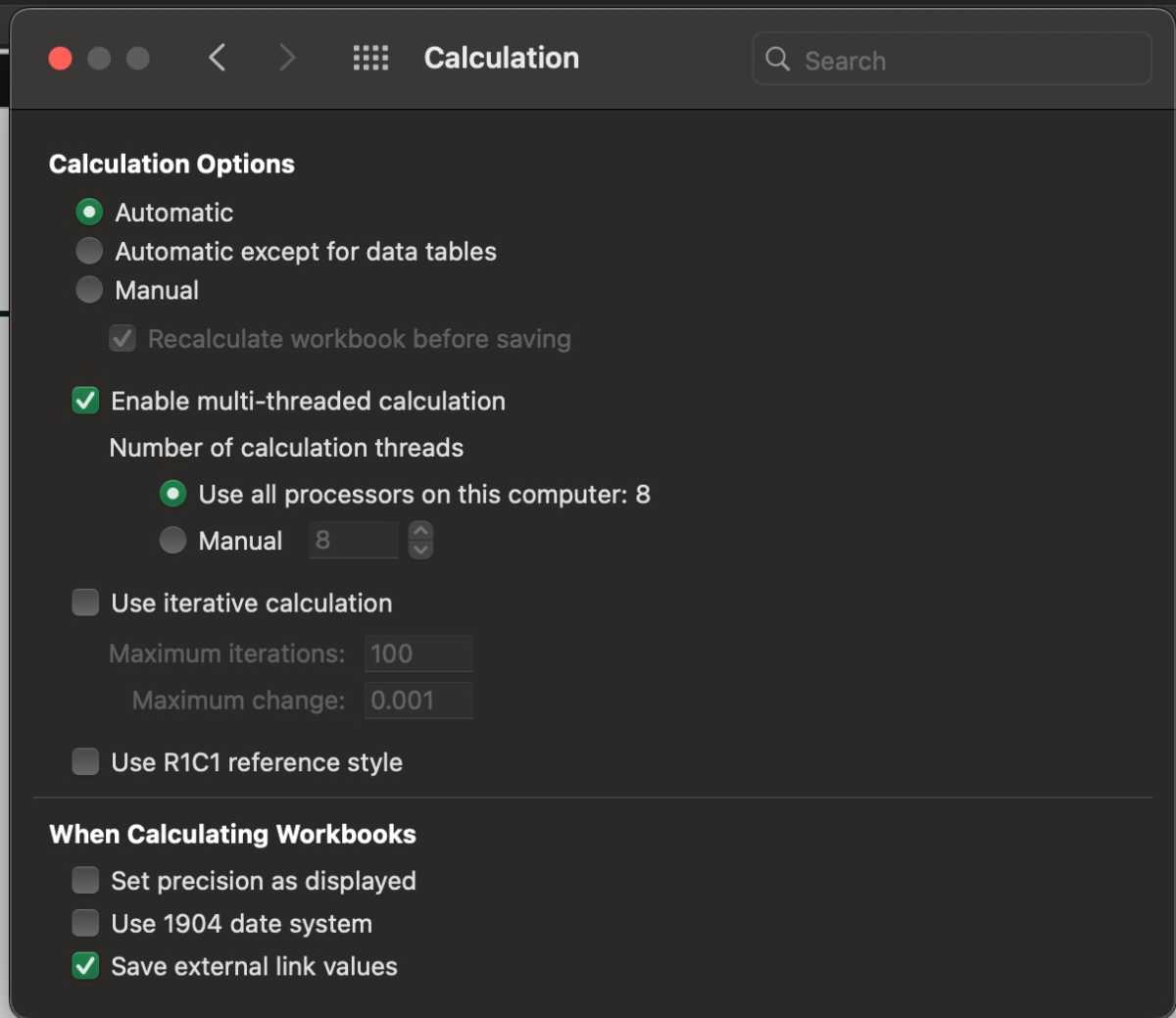 Configurações de cálculo do Excel