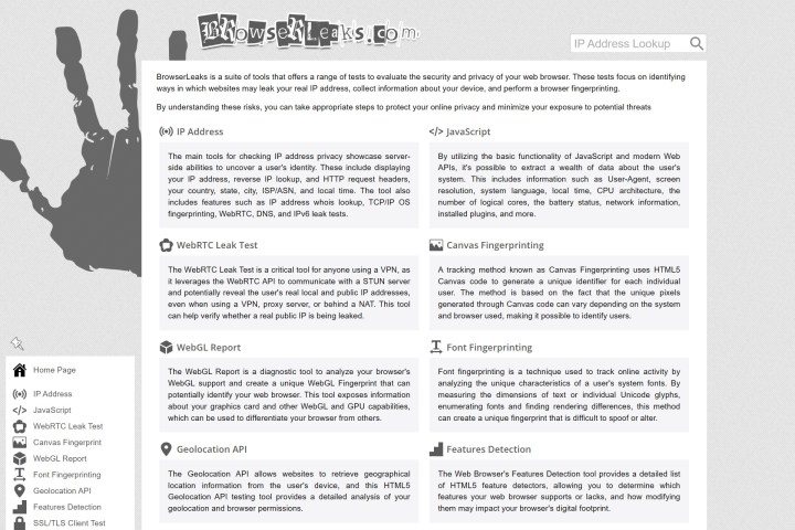 Captura de tela do site BrowserLeaks, um software gratuito e de código aberto disponível para testes de privacidade online.