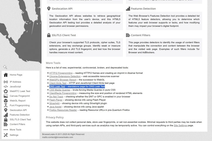 O BrowserLeaks também possui um teste de vazamento de DNS próximo à parte inferior da página.