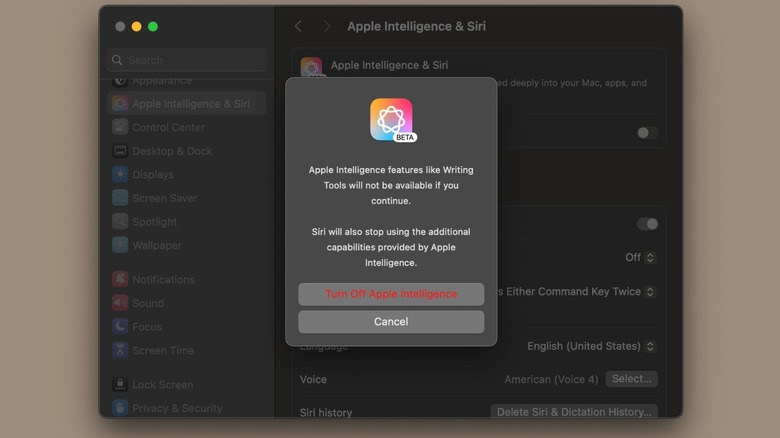 Configurações de Apple Intelligence e Siri no macOS